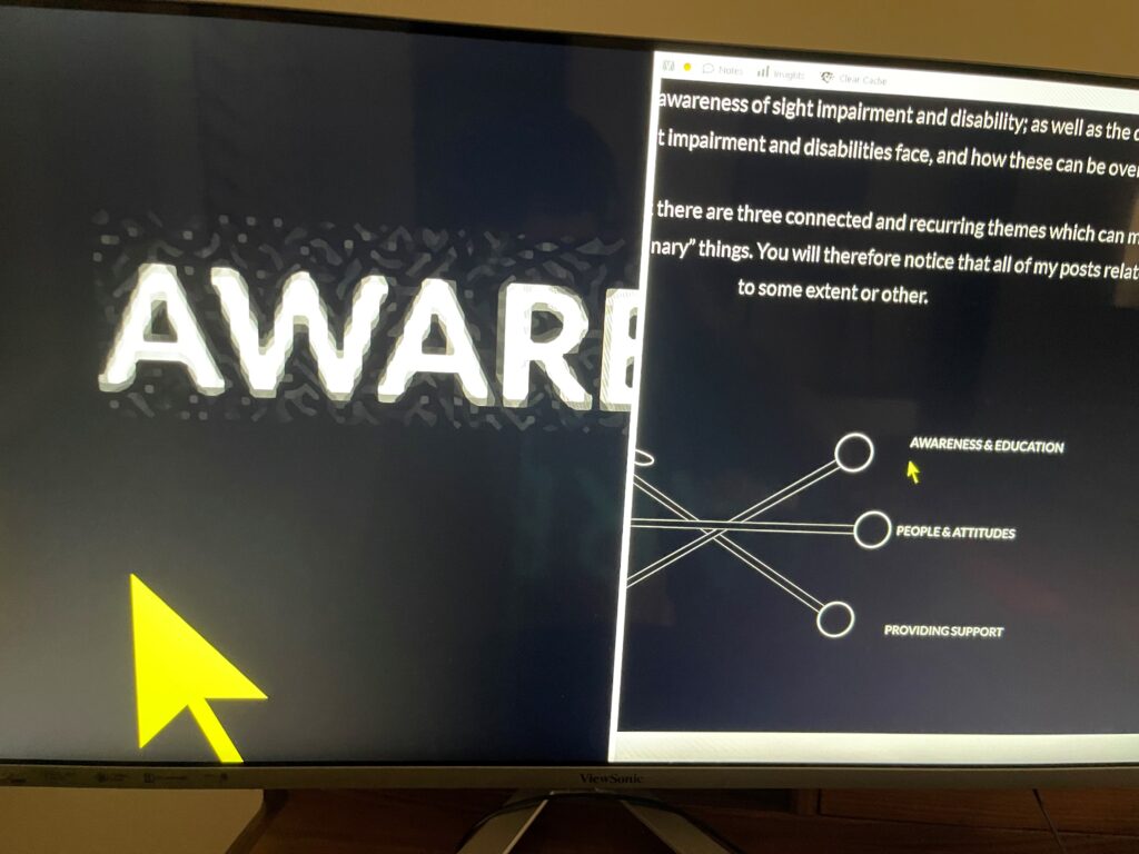 A screenshot of a computer screen using ZoomText Fusion. The screen shot is a split image. On the left handside is the zoomed version where you can see a yellow mouse pointer probably the size of half of the screen on the word awareness forming part of the white cane criss-cross logo on the home page. The right hand side is a normal view and illustrates how different the two views are.